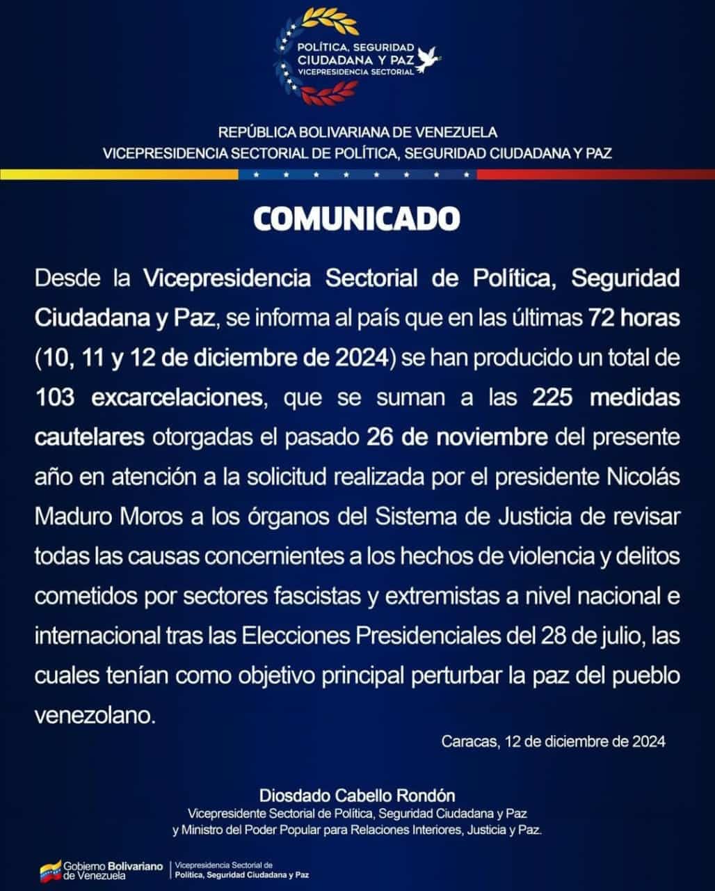 Gobierno venezolano anuncia excarcelación de detenidos luego de los hechos violentos del 28 de julio