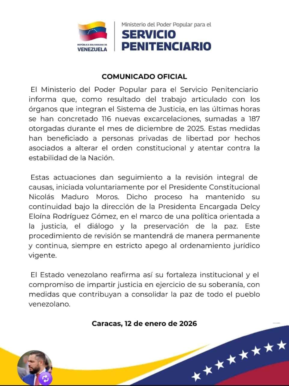 El Ministerio para el Servicio Penitenciario, informa 116 nuevas excarcelaciones por la estabilidad nacional